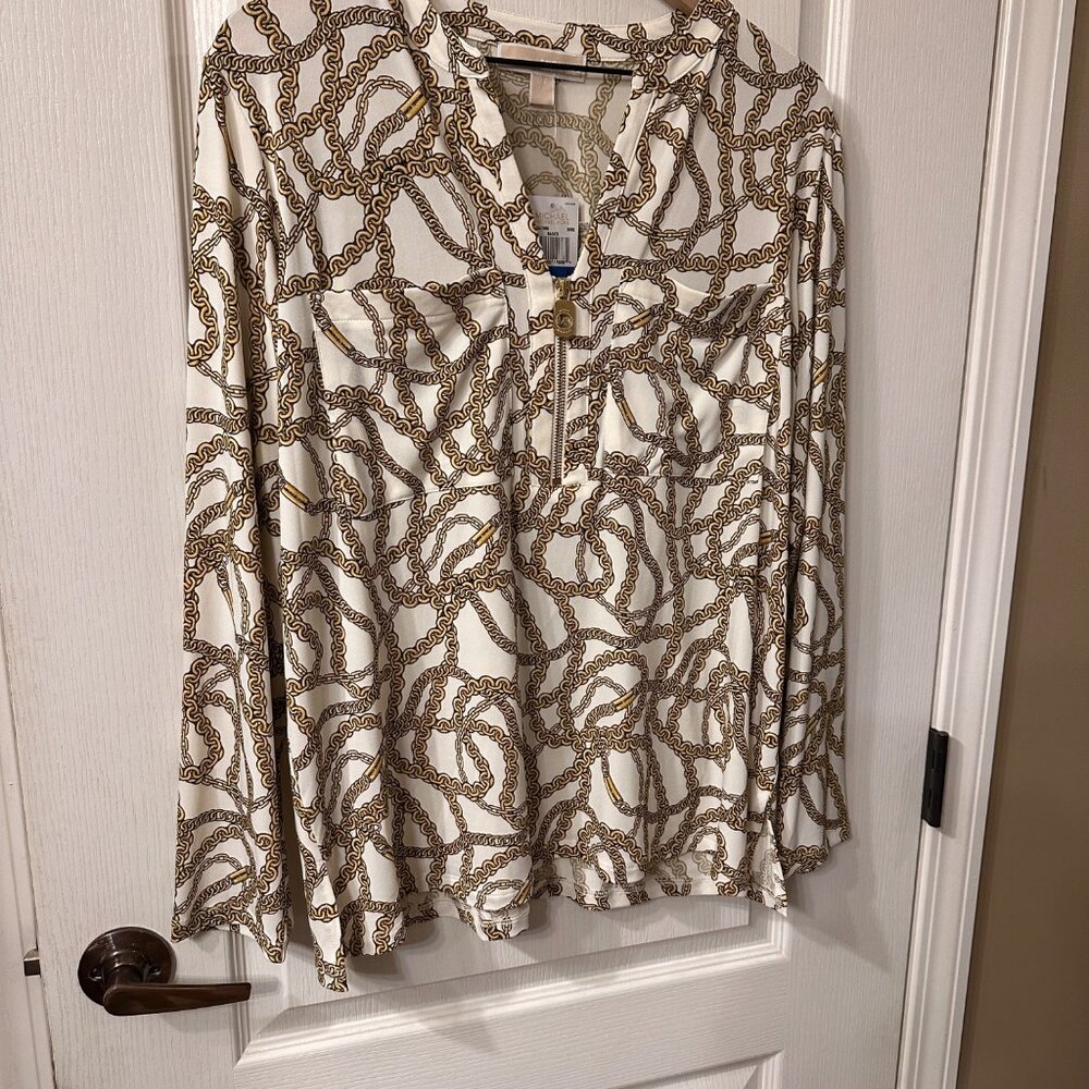 Michael Kors | NWT XL Long Sleeve Gold Chain Print 1/4 Zip Top Luxury Old Money - Picture 2 of 11